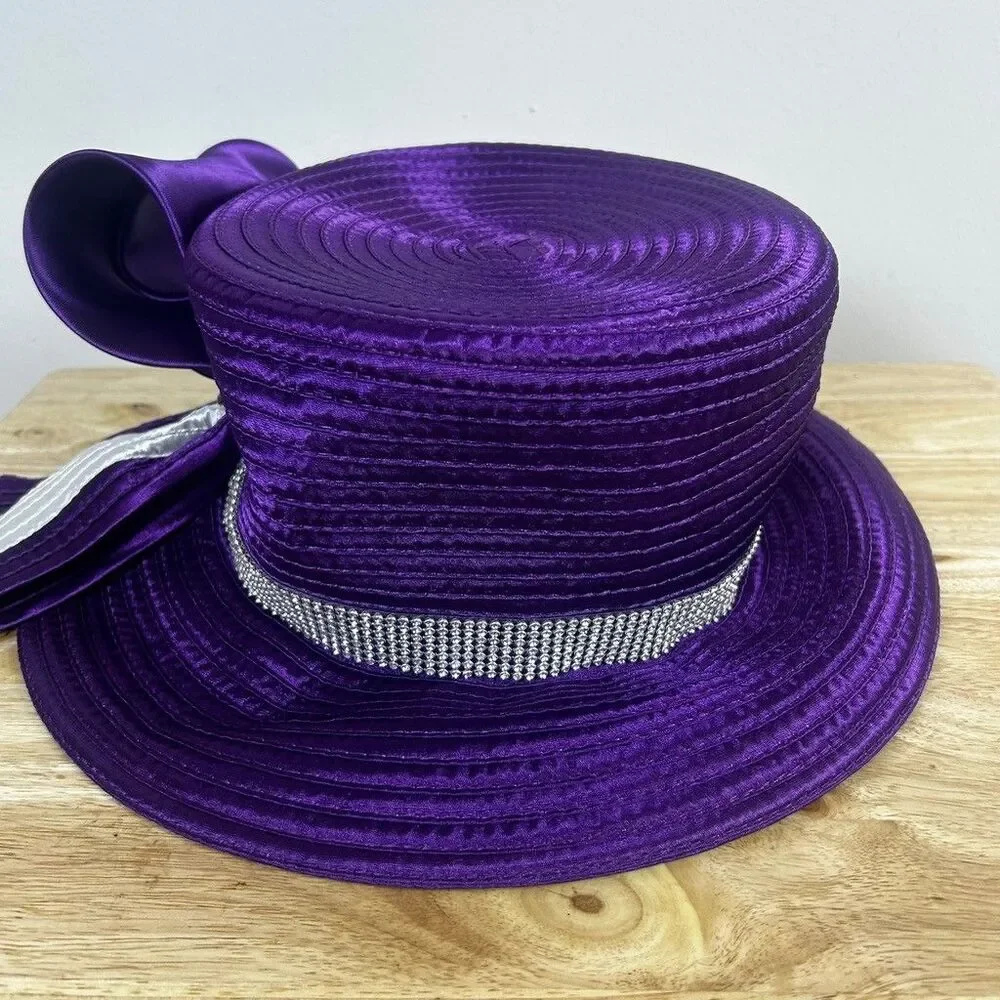 Purple Church Hat Womens Dress Derby Satin Ribbon Rhinestone Bow Top Hat